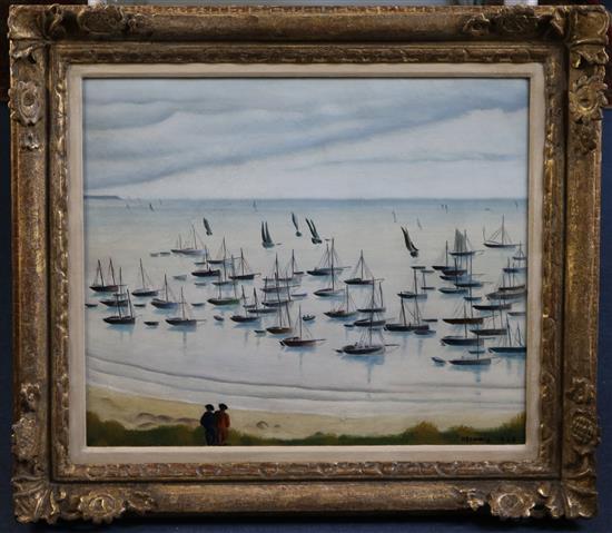 § Nadia Benois (1896-1975) Boats on a quiet sea, 20 x 24in. Provenance; Formerly the property of the Ustinov Family.